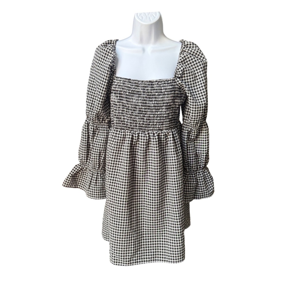 Atmos&Here Gingham‎ Smocked Mini Dress Black White Square Neck Puff Sleeve
